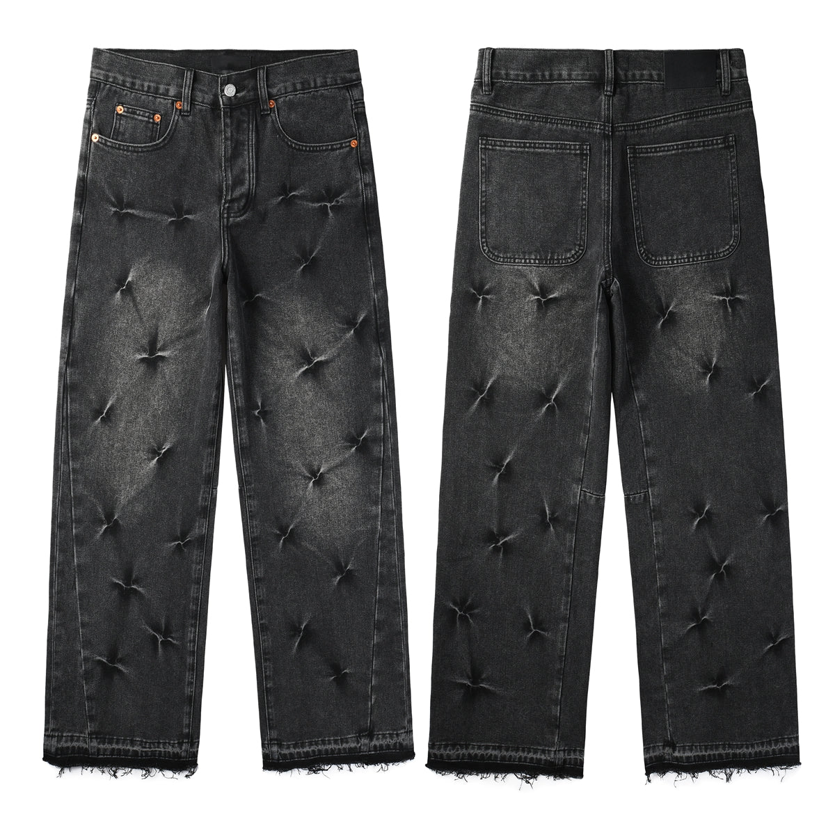 Men Designer Wide Leg Jeans Vintage Black with Quilted Texture and Distressed Hem PU1115