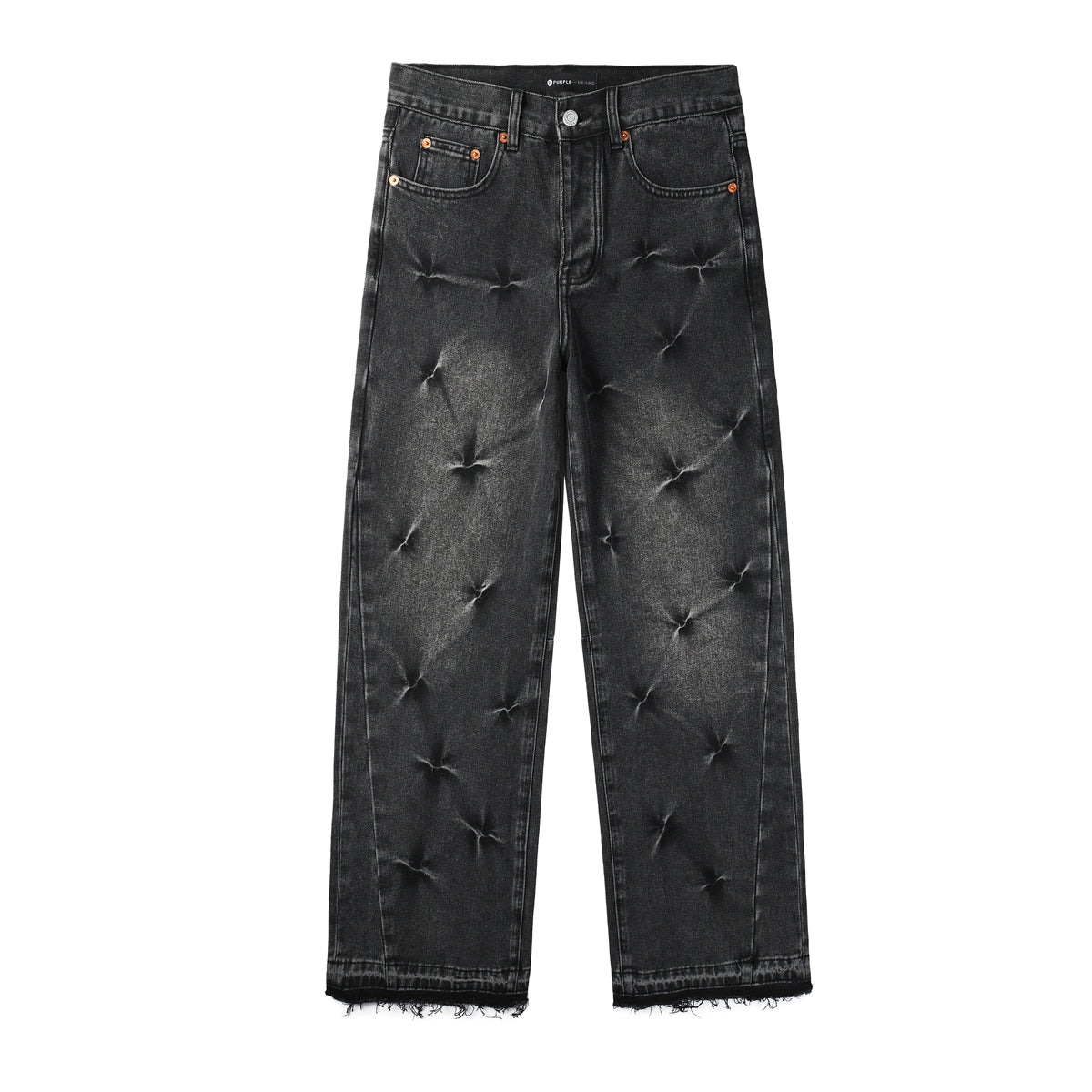 Men Designer Wide Leg Jeans Vintage Black with Quilted Texture and Distressed Hem PU1115