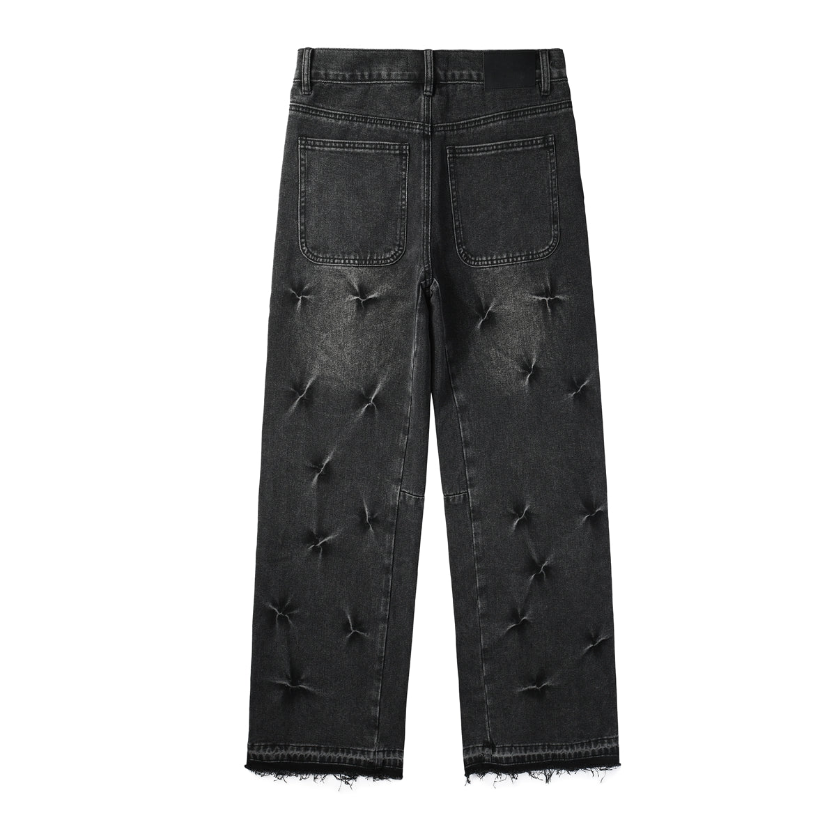 Men Designer Wide Leg Jeans Vintage Black with Quilted Texture and Distressed Hem PU1115