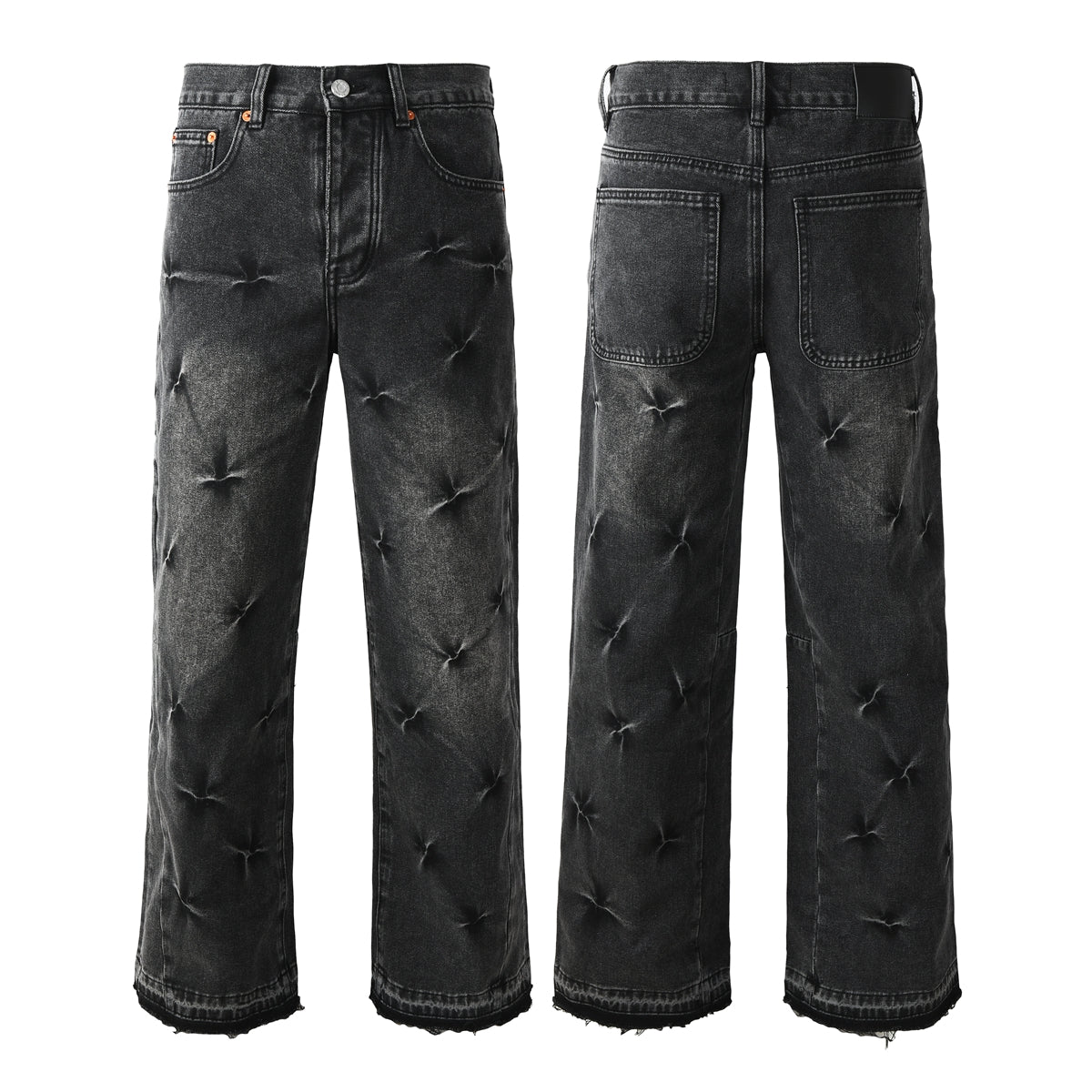 Men Designer Wide Leg Jeans Vintage Black with Quilted Texture and Distressed Hem PU1115