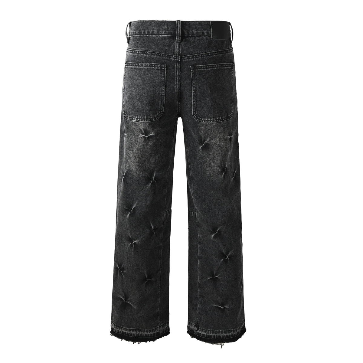 Men Designer Wide Leg Jeans Vintage Black with Quilted Texture and Distressed Hem PU1115