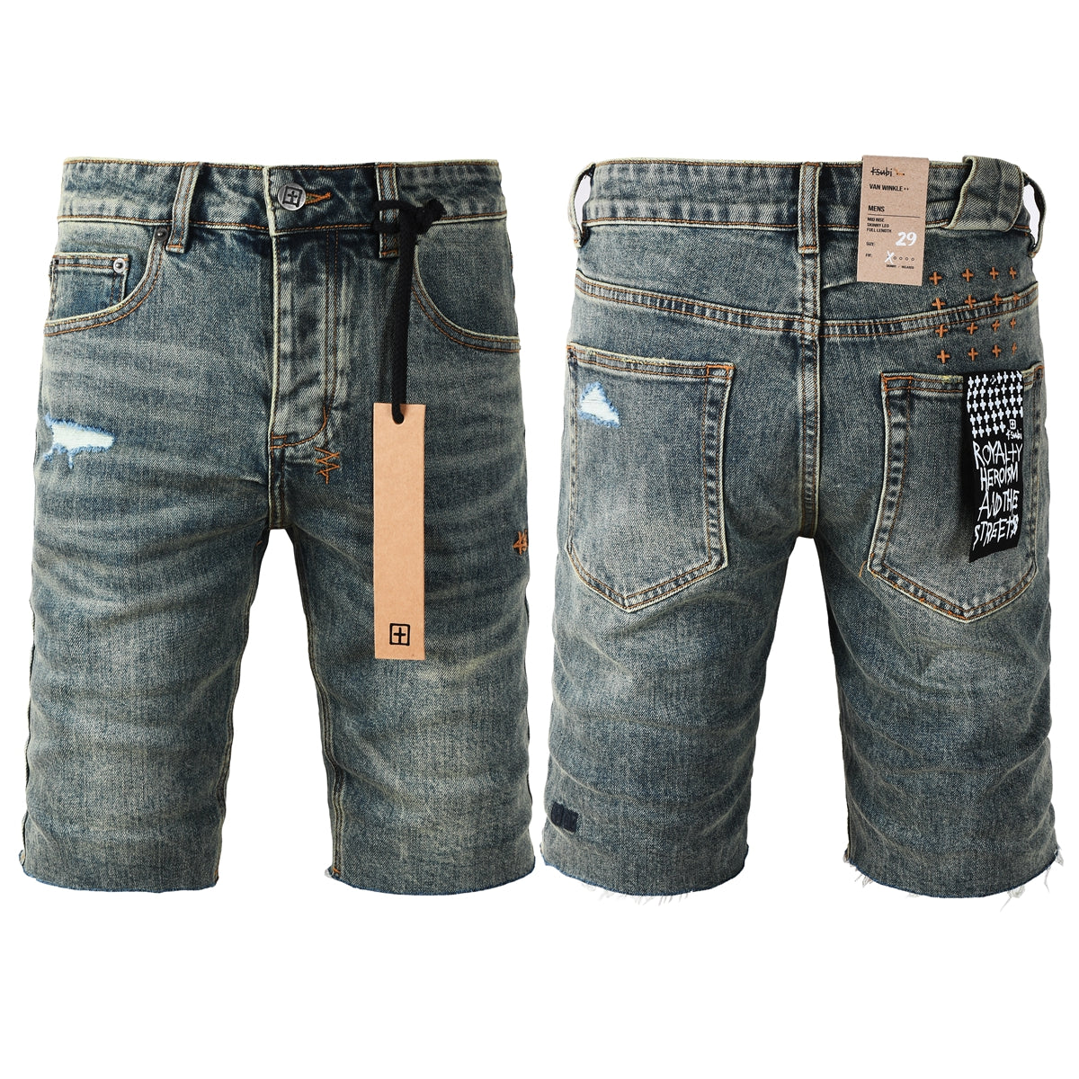 Men Streetwear Denim Shorts Dark Washed Blue with Distressed Details Raw Hem and Graphic Patch 2004