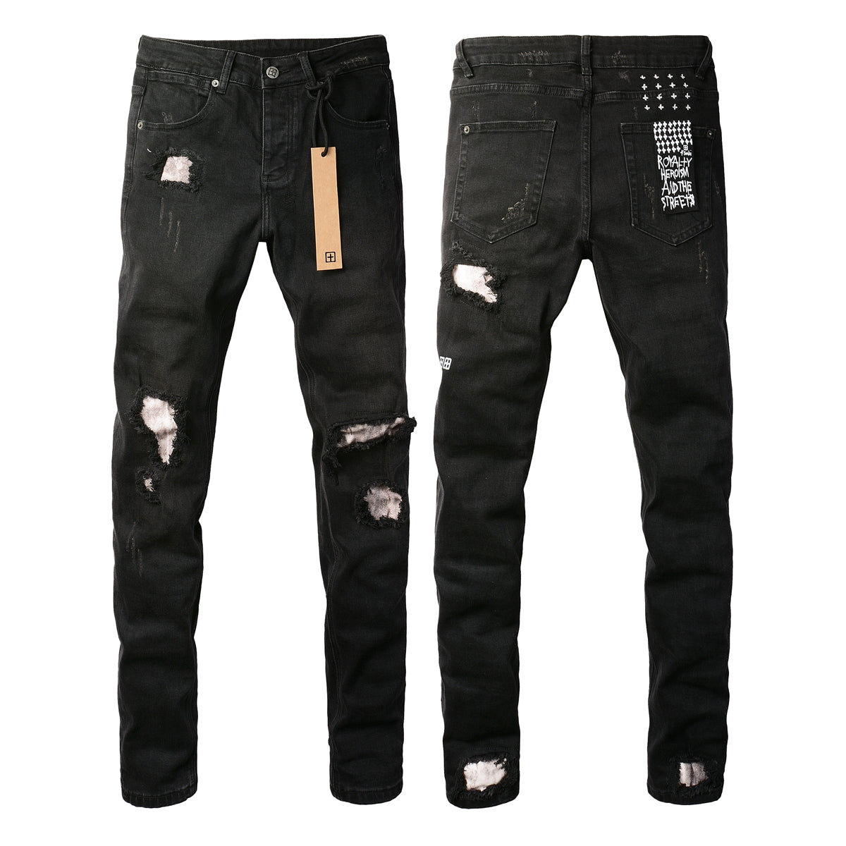Jean Slim Fit noir avec de multiples déchirures et une finition vieillie 3002