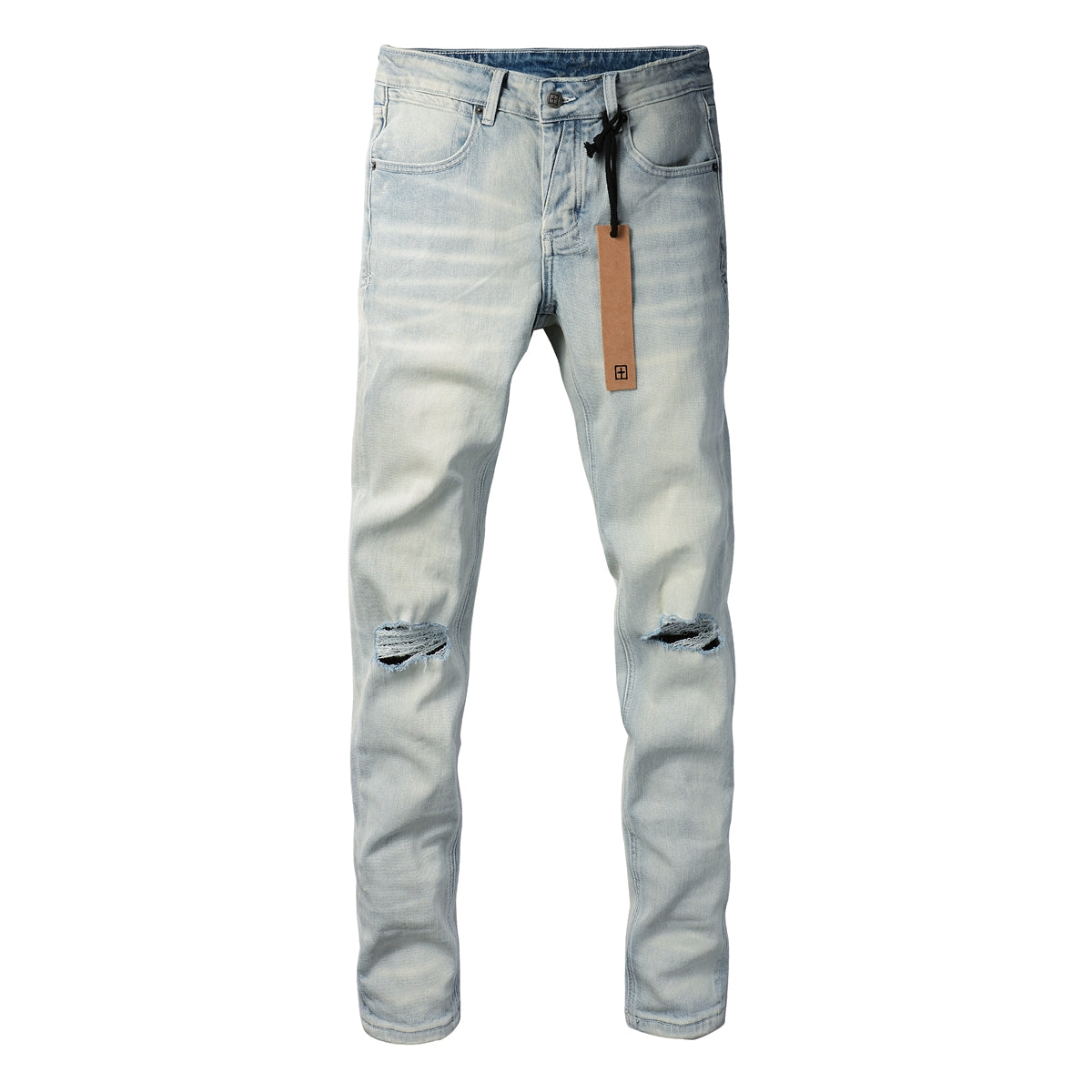 Jean skinny bleu clair décontracté avec détails vieillis au genou 3025