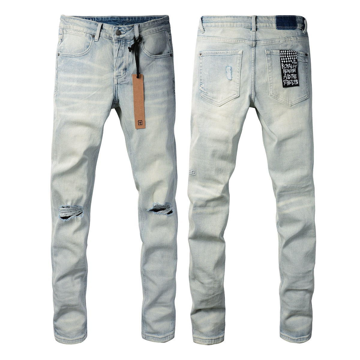 Jean skinny bleu clair décontracté avec détails vieillis au genou 3025