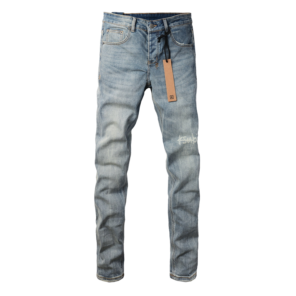 Retro Inspired Light Blue Jeans with Distressed Wash and White Logo 3029