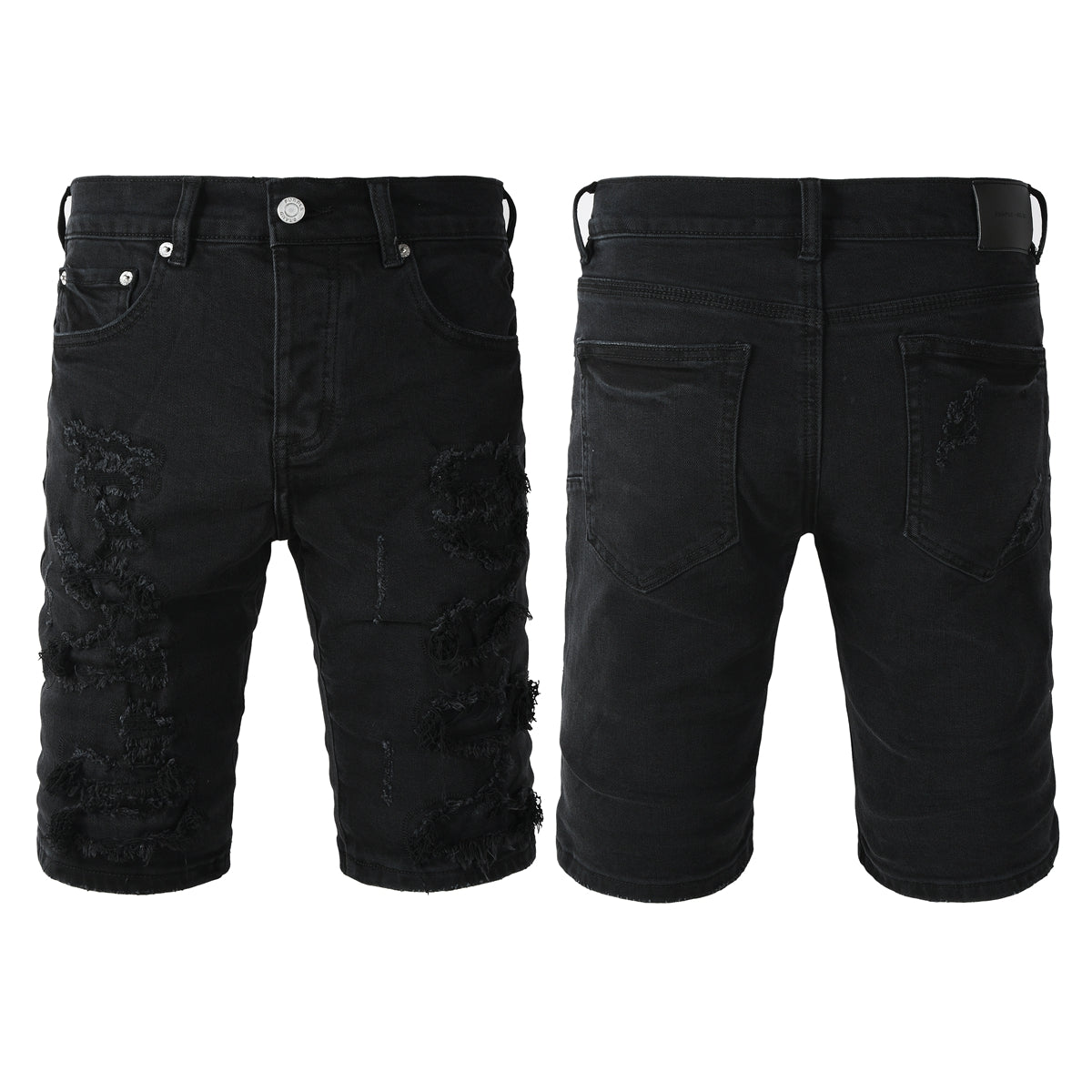 Men Streetwear Denim Shorts Black Distressed with Heavy Rips and Raw Edge PU5108
