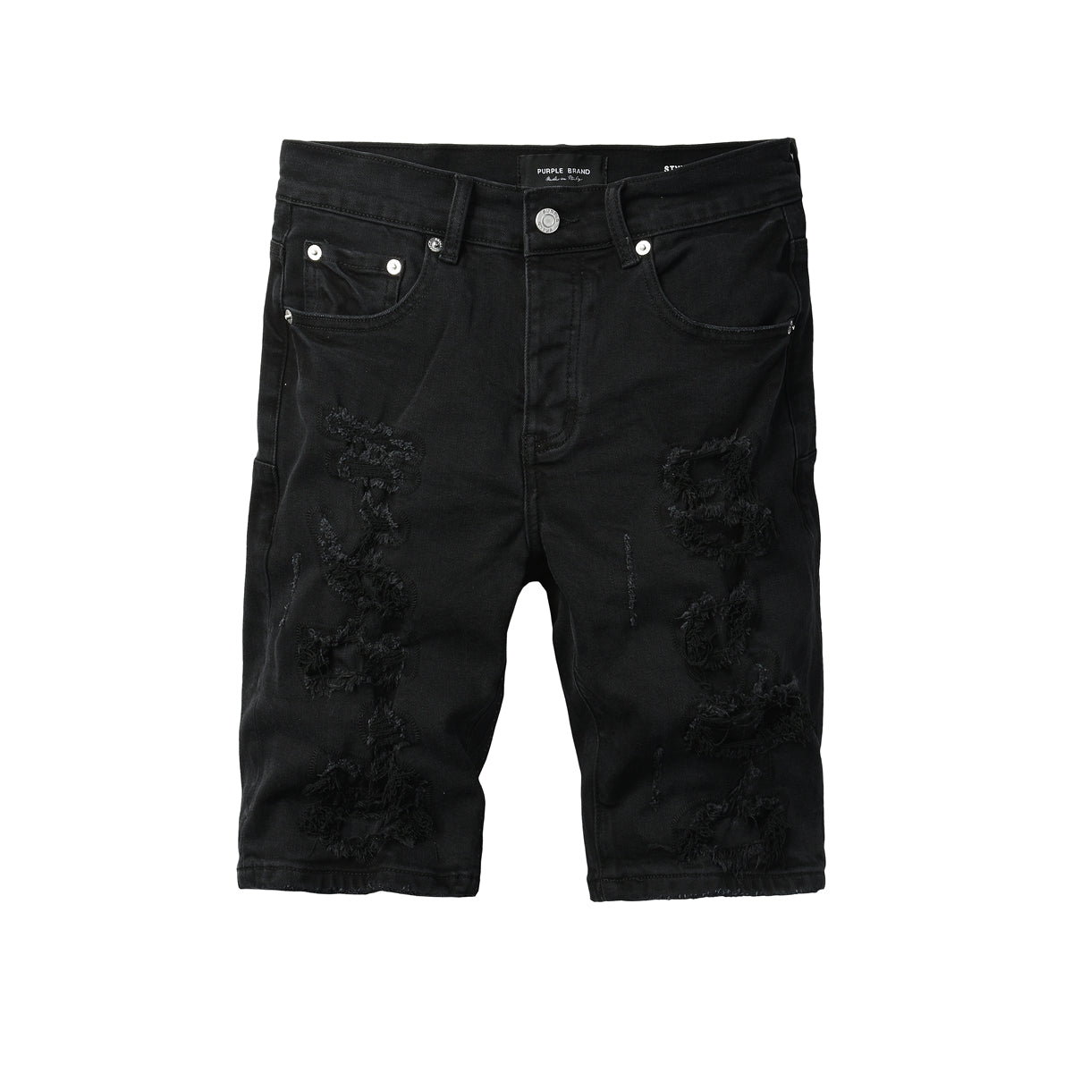 Men Streetwear Denim Shorts Black Distressed with Heavy Rips and Raw Edge PU5108