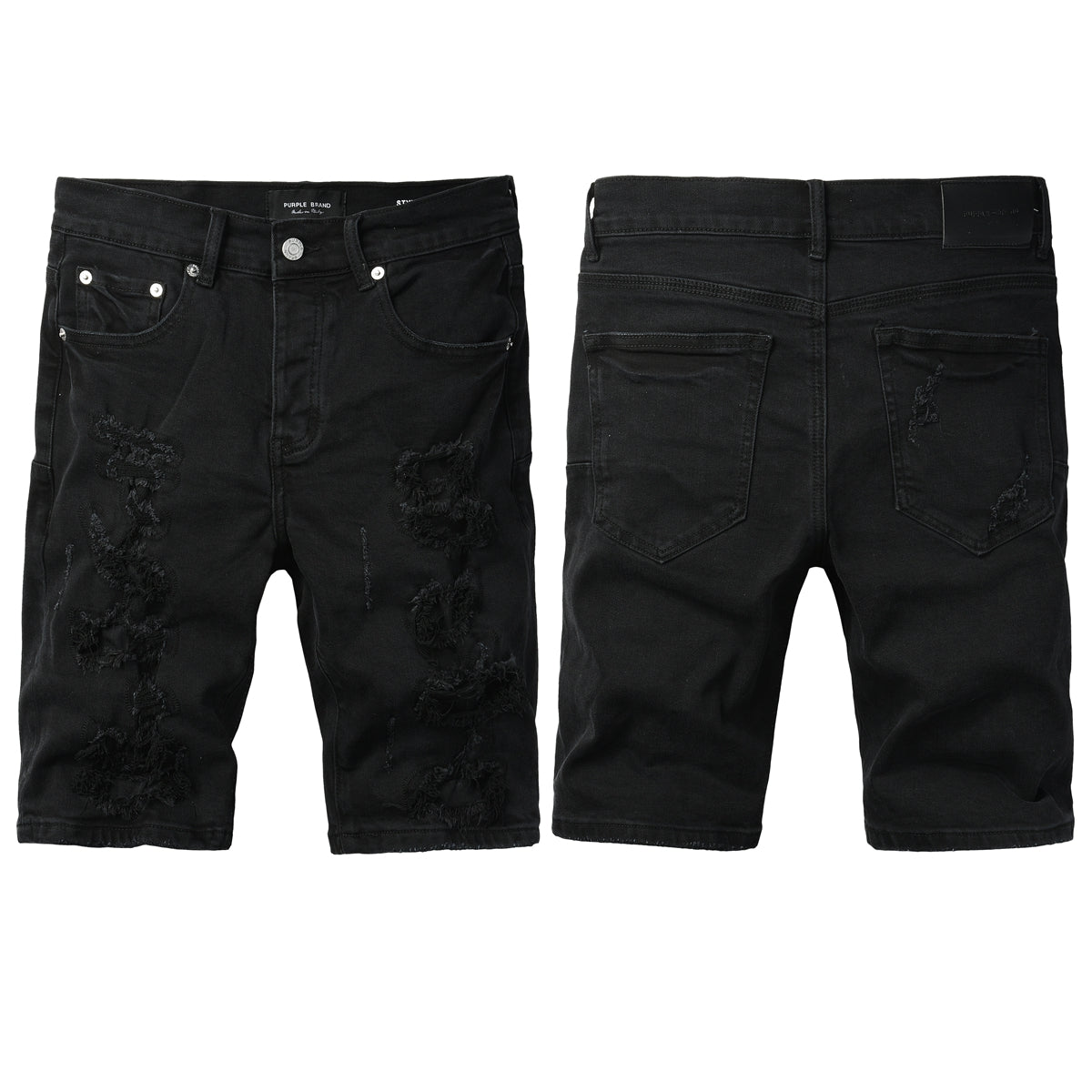 Men Streetwear Denim Shorts Black Distressed with Heavy Rips and Raw Edge PU5108