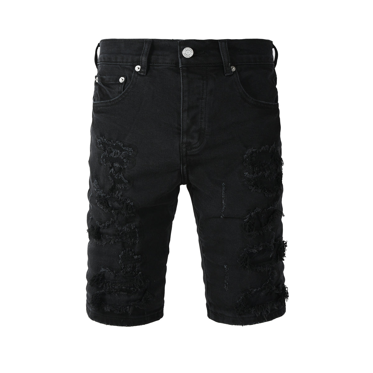 Men Streetwear Denim Shorts Black Distressed with Heavy Rips and Raw Edge PU5108