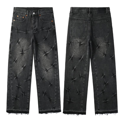 Men Designer Wide Leg Jeans Vintage Black with Quilted Texture and Distressed Hem PU1115