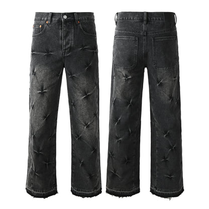 Men Designer Wide Leg Jeans Vintage Black with Quilted Texture and Distressed Hem PU1115