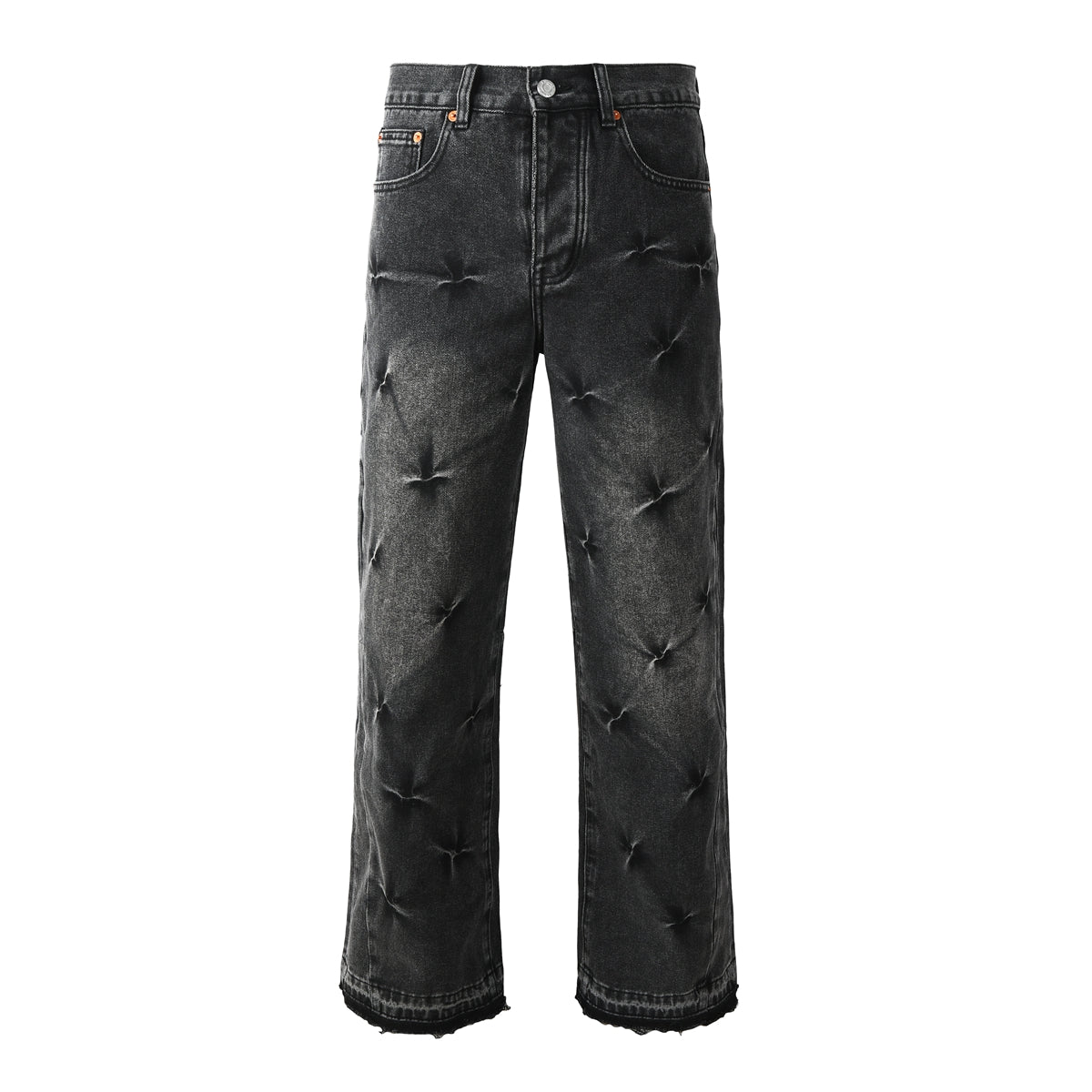 Men Designer Wide Leg Jeans Vintage Black with Quilted Texture and Distressed Hem PU1115