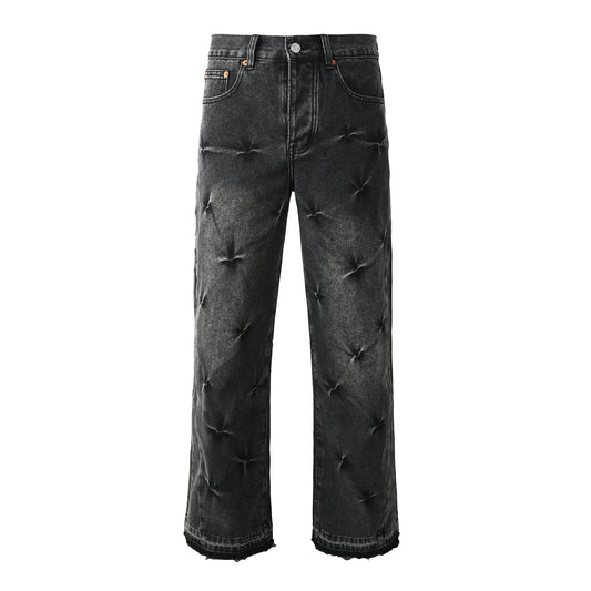 Men Designer Wide Leg Jeans Vintage Black with Quilted Texture and Distressed Hem PU1115