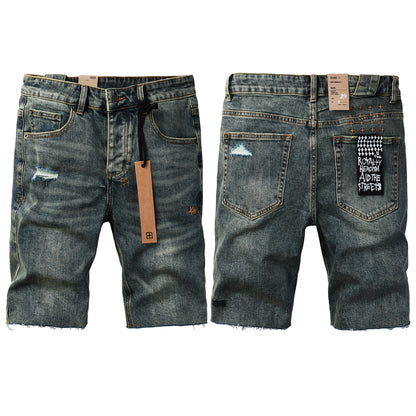 Men Streetwear Denim Shorts Dark Washed Blue with Distressed Details Raw Hem and Graphic Patch 2004