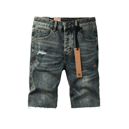 Men Streetwear Denim Shorts Dark Washed Blue with Distressed Details Raw Hem and Graphic Patch 2004