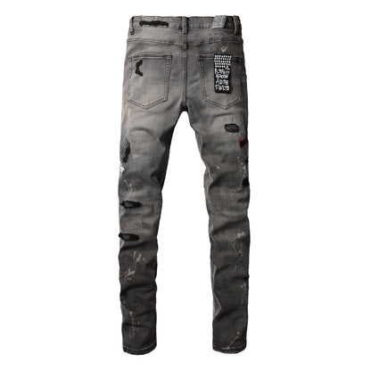 Jean skinny gris décontracté avec effet vieilli audacieux 3014 