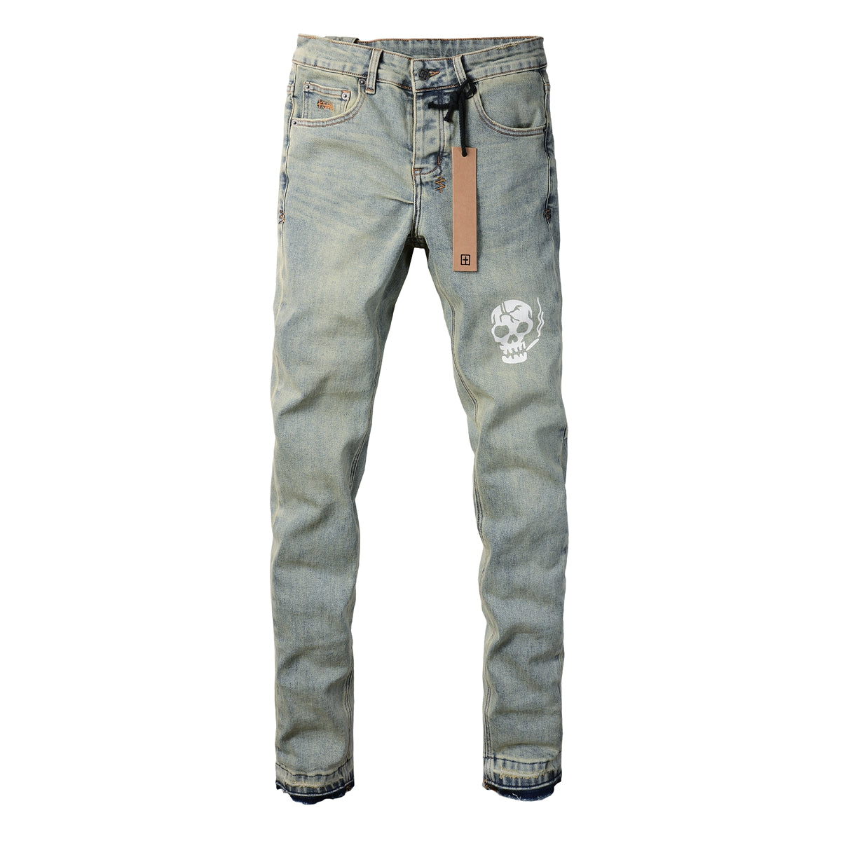 Jean bleu clair moderne avec détail artistique de crâne fumant 3028 