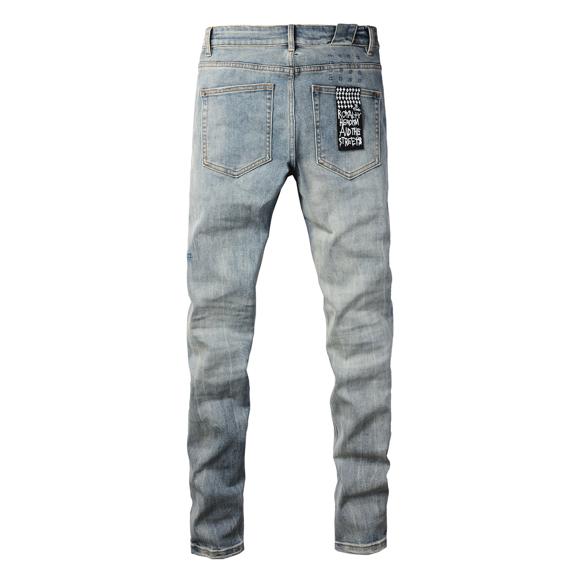Retro Inspired Light Blue Jeans with Distressed Wash and White Logo 3029