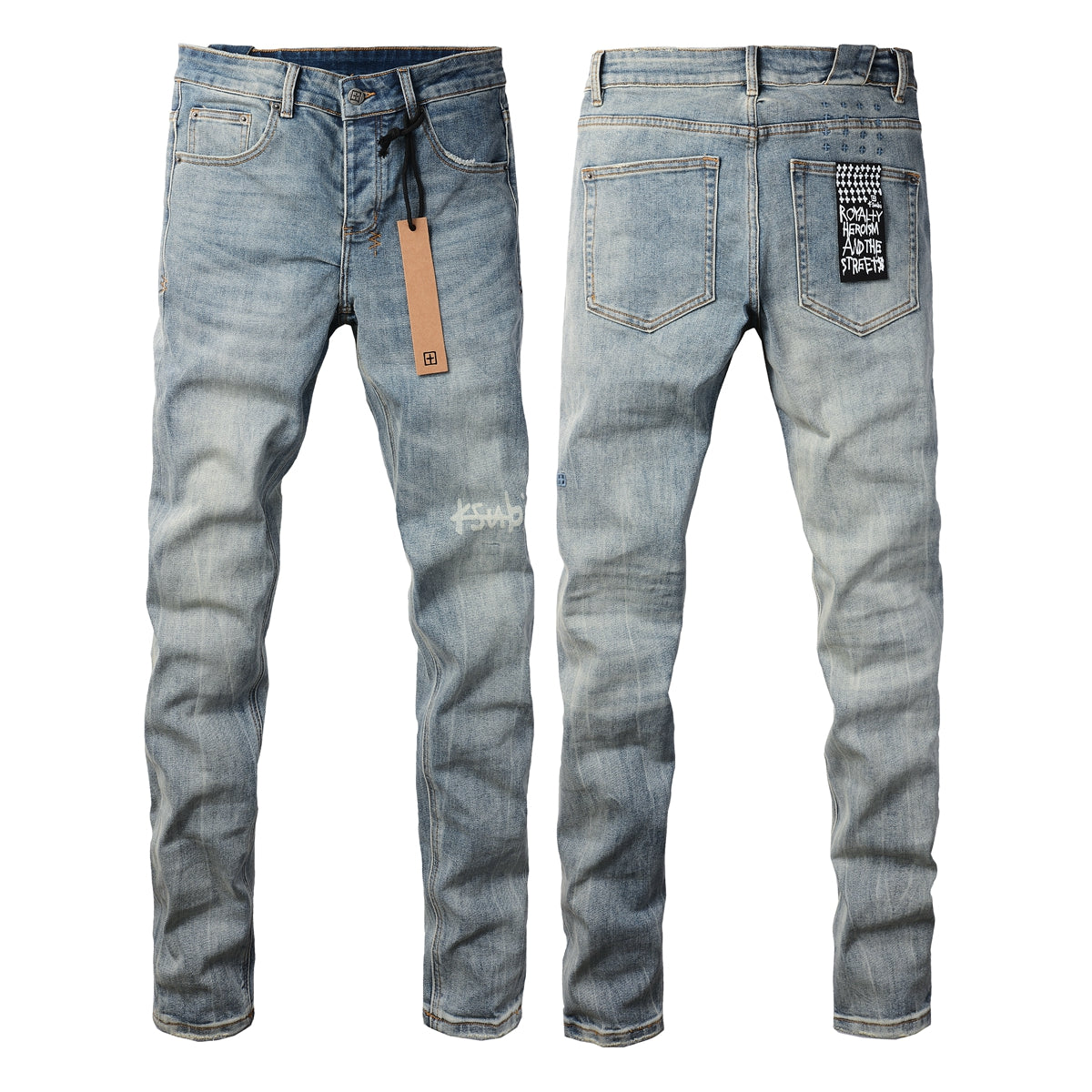 Retro Inspired Light Blue Jeans with Distressed Wash and White Logo 3029