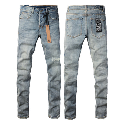 Retro Inspired Light Blue Jeans with Distressed Wash and White Logo 3029
