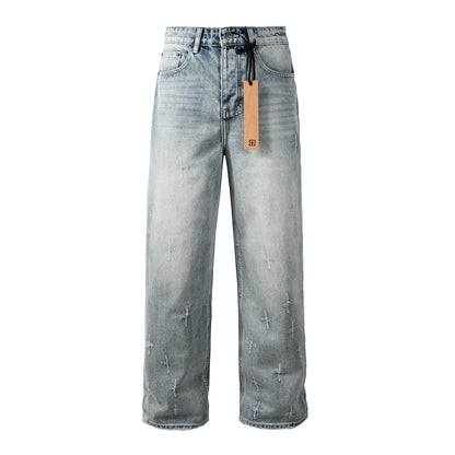 Men Streetwear Jeans Light Blue Washed with Cross Stitch Detail and Graphic Back Pocket Patch 3042