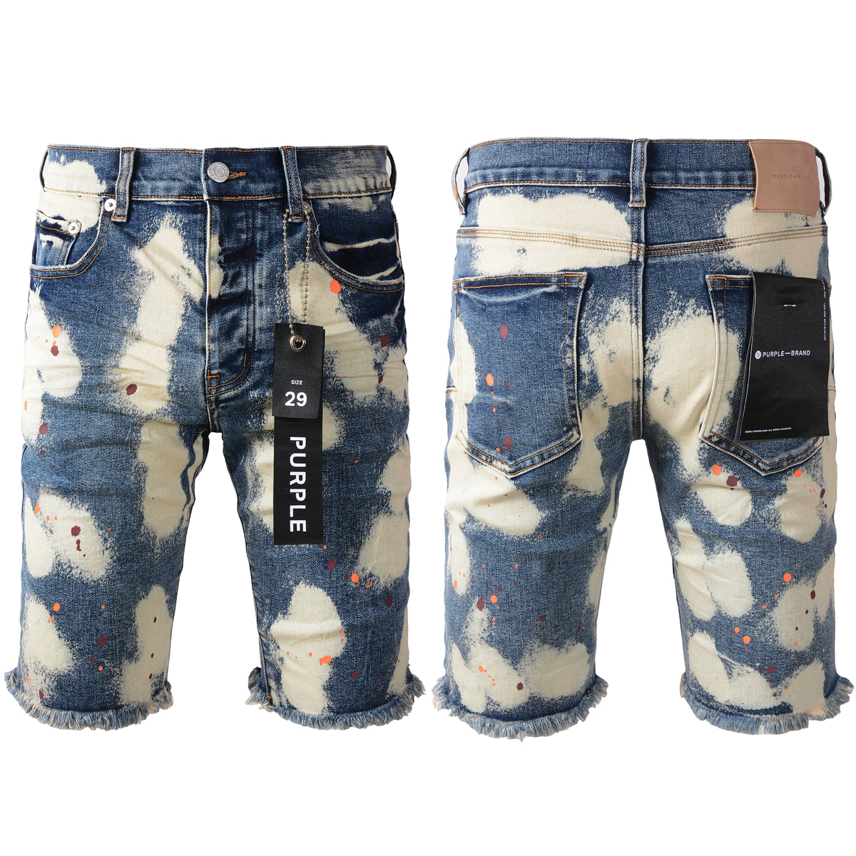 Men Streetwear Denim Shorts Blue Acid Wash with Paint Splash and Raw Hem 5090