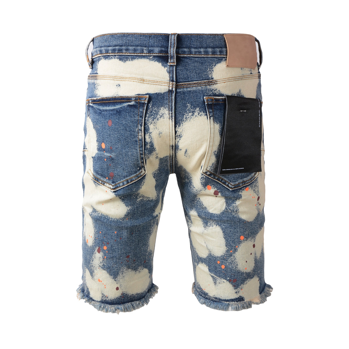 Men Streetwear Denim Shorts Blue Acid Wash with Paint Splash and Raw Hem 5090