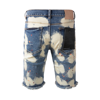 Men Streetwear Denim Shorts Blue Acid Wash with Paint Splash and Raw Hem 5090