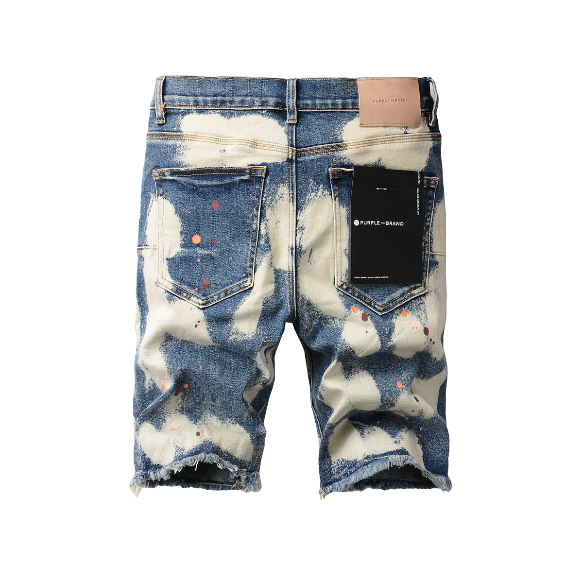 Men Streetwear Denim Shorts Blue Acid Wash with Paint Splash and Raw Hem 5090