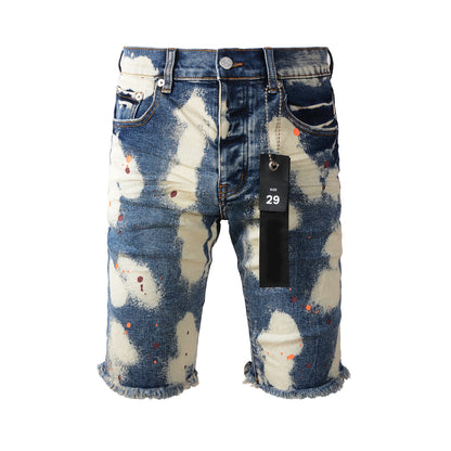 Men Streetwear Denim Shorts Blue Acid Wash with Paint Splash and Raw Hem 5090