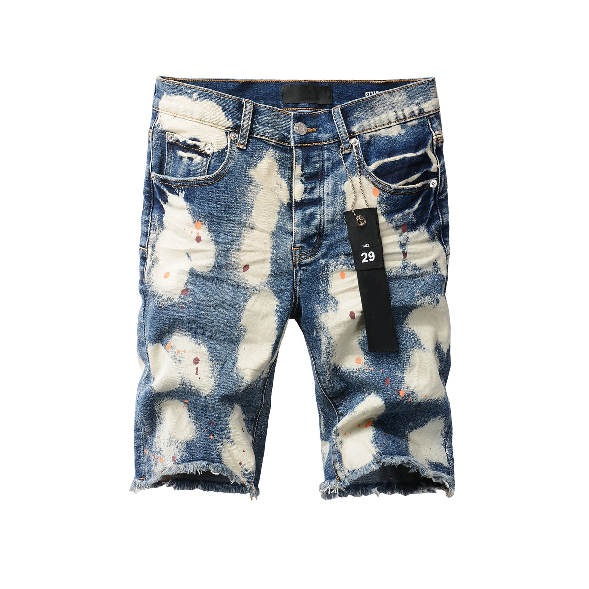 Men Streetwear Denim Shorts Blue Acid Wash with Paint Splash and Raw Hem 5090