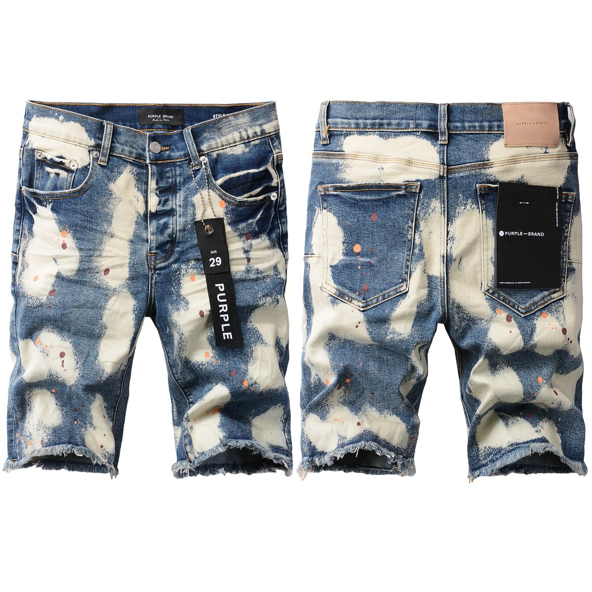 Men Streetwear Denim Shorts Blue Acid Wash with Paint Splash and Raw Hem 5090