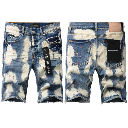 Men Streetwear Denim Shorts Blue Acid Wash with Paint Splash and Raw Hem 5090