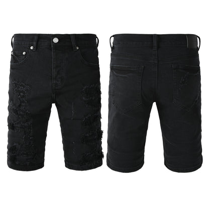 Men Streetwear Denim Shorts Black Distressed with Heavy Rips and Raw Edge PU5108