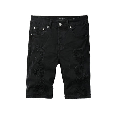 Men Streetwear Denim Shorts Black Distressed with Heavy Rips and Raw Edge PU5108