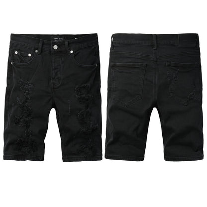 Men Streetwear Denim Shorts Black Distressed with Heavy Rips and Raw Edge PU5108