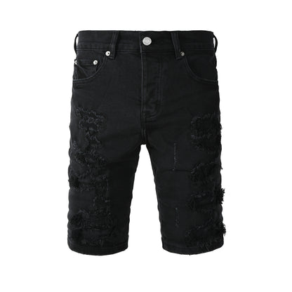 Men Streetwear Denim Shorts Black Distressed with Heavy Rips and Raw Edge PU5108