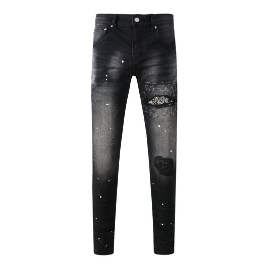 Men Streetwear Jeans Distressed Black Paint Splash Patch Ripped Skinny 9099