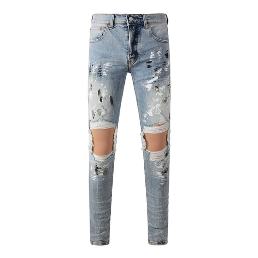 Men Streetwear Jeans Light Blue Paint Splash Distressed Ripped Skinny 9100