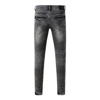 Men Streetwear Jeans Distressed Grey Ripped Patch Leopard Skinny 9102
