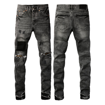 Men Streetwear Jeans Distressed Grey Ripped Patch Leopard Skinny 9102