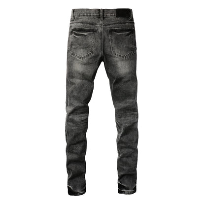Men Streetwear Jeans Distressed Grey Ripped Patch Leopard Skinny 9102