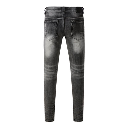 Men Classic Streetwear Jeans Distressed Grey Ripped Skinny Fit 9103