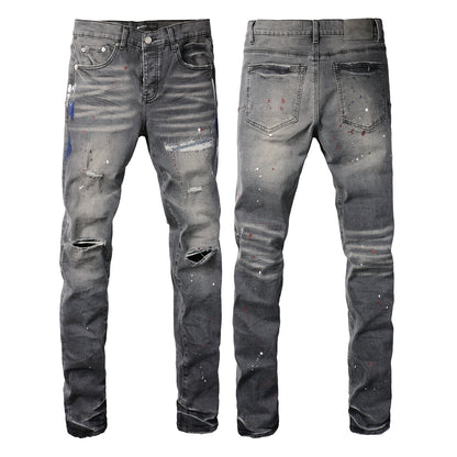 Men Streetwear Distressed Grey Skinny Jeans with Color Paint Splatter and Knee Rips 9107
