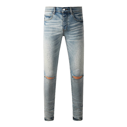 Men Streetwear Skinny Jeans Light Blue with Rhinestone Studs and Distressed Details PU9119