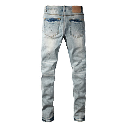 Men Streetwear Skinny Jeans Light Blue with Rhinestone Studs and Distressed Details PU9119