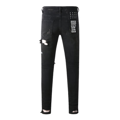 Jean Slim Fit noir avec de multiples déchirures et une finition vieillie 3002