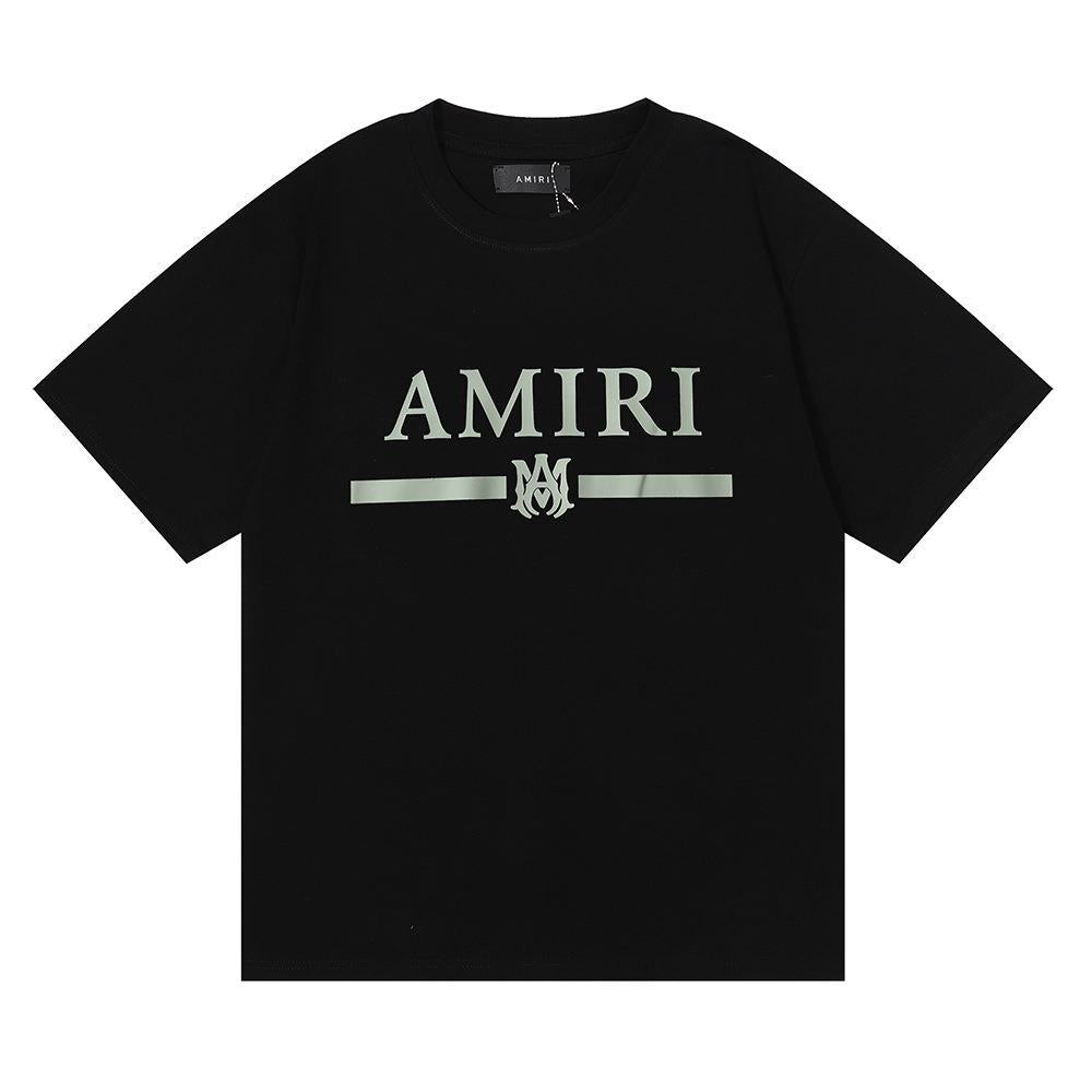 AMIRI Letter LOGO Green Printing Loose Teen Couple Men and Women with The Same Casual Double Yarn Short-sleeved T-shirt