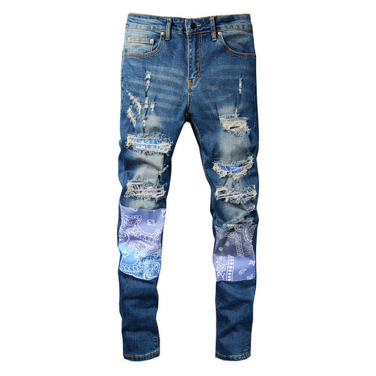 High Street Jeans Pantalon Slim Fit pour Homme avec Patch Déchiré #832 